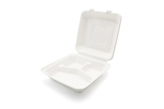 Pack Of 200 Bagasse Clamshell Biodegradable 3 Comp (203x203mm/8x8")
